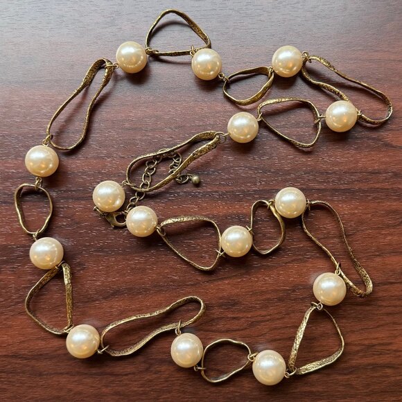 Chico's Jewelry - Vintage Y2K Chico's Abstract Gold Tone and Faux Pearl Necklace + Bonus Earrings
